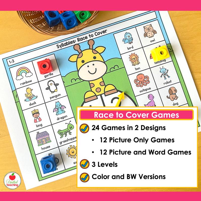 Syllables Race to Cover games with a giraffe spinner and snap cubes, in picture only and picture and word designs