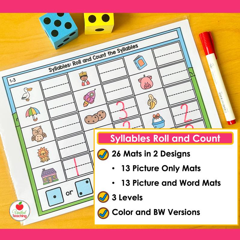 Syllables Roll and Count mats with dice and a marker, in picture only and picture and word designs at three levels