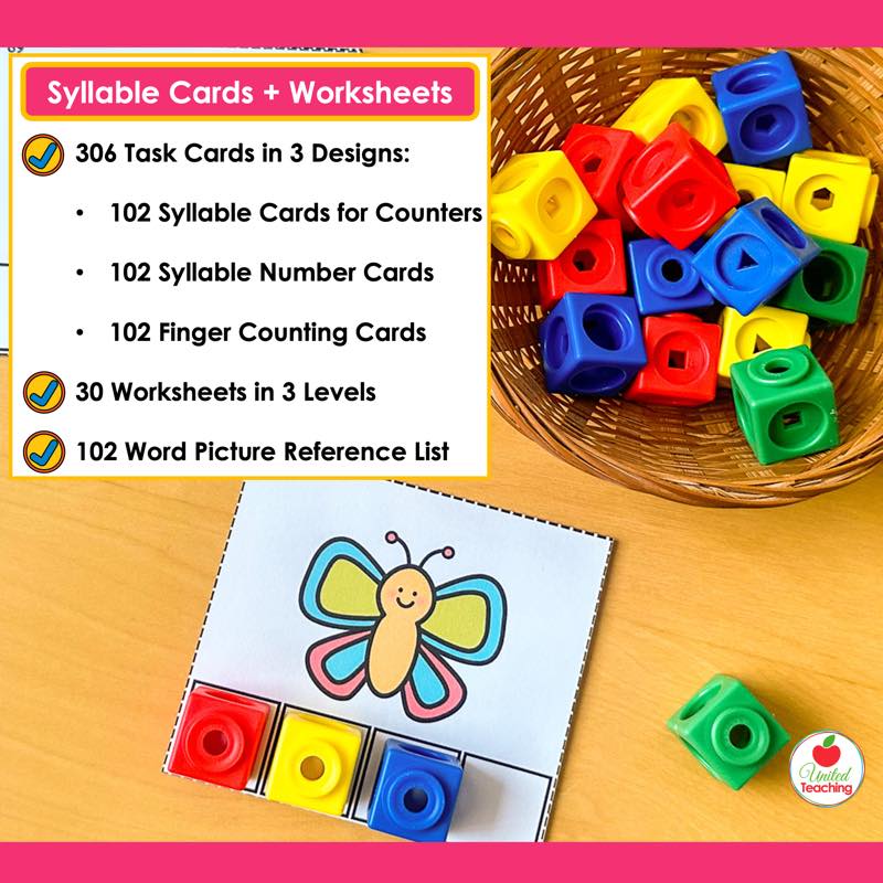 Syllable cards and worksheets in the Syllables Activities Bundle with counters, number, and finger counting cards and snap cubes