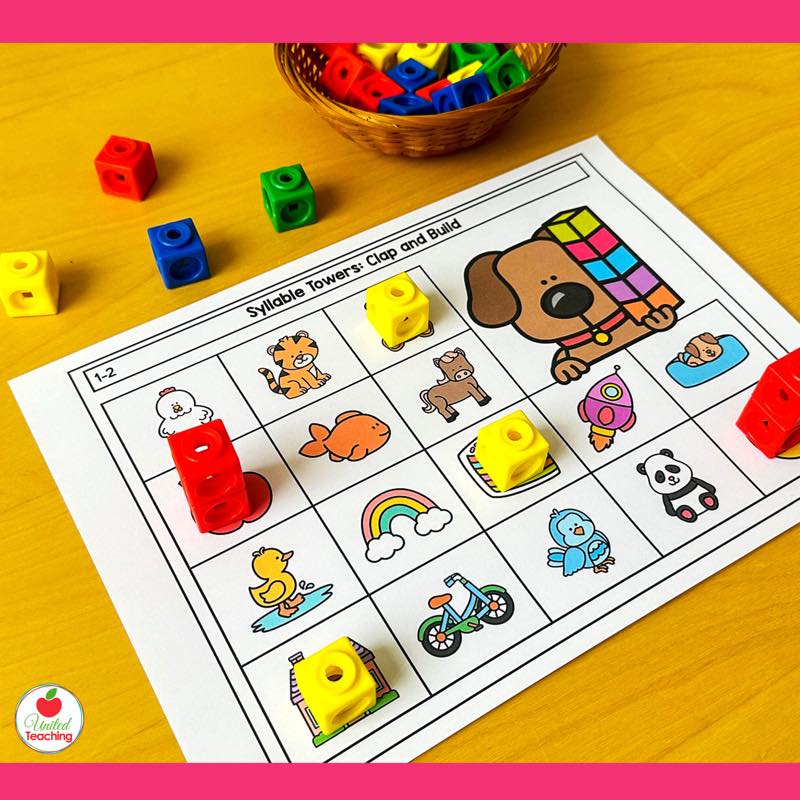 Syllable Towers clap and build mat with snap cube towers for 1 and 2 syllable picture words