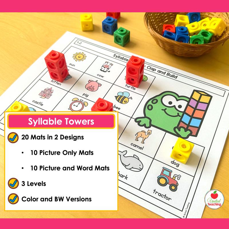 Syllable Towers clap and build mats with snap cubes, in picture only and picture and word designs at three levels