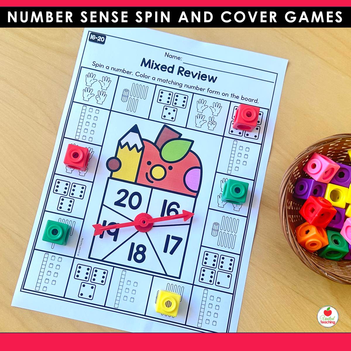 Mixed review Spin and Cover game board for numbers 16 to 20 with math cubes on ten frames tally marks and dice