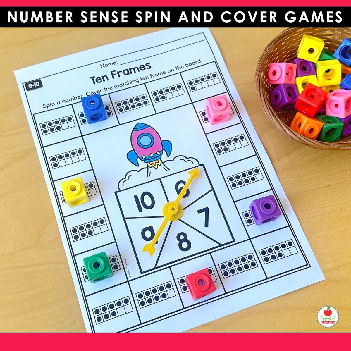 Ten frames Spin and Cover game board for numbers 6 to 10 with math cubes covering the matching ten frames