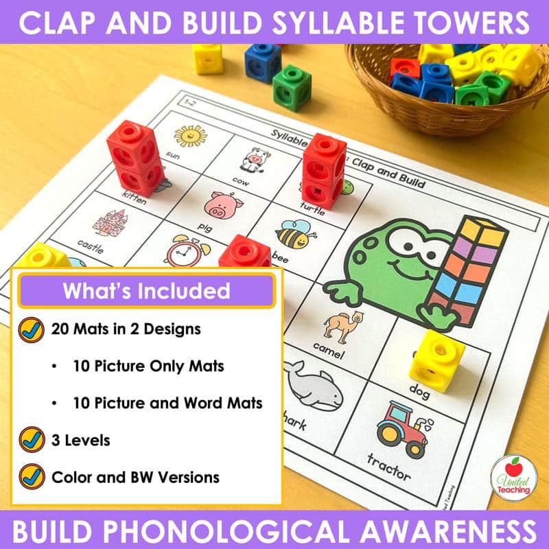 What is included in the syllable counting mats: 20 mats in 2 designs, 3 levels, color and black and white