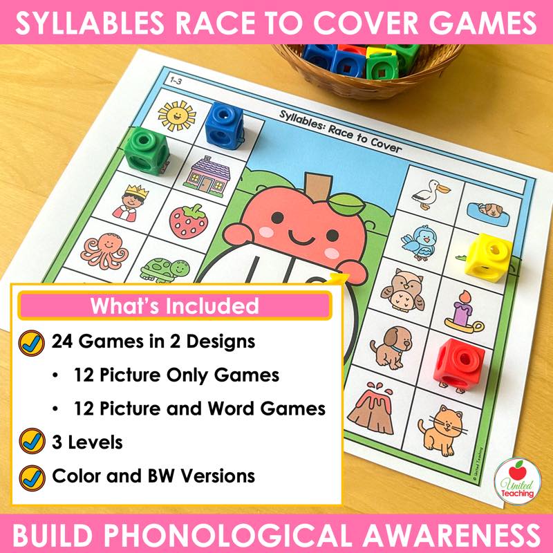 What is included in the syllable Race to Cover games: 24 games in 2 designs, 3 levels, color and black and white
