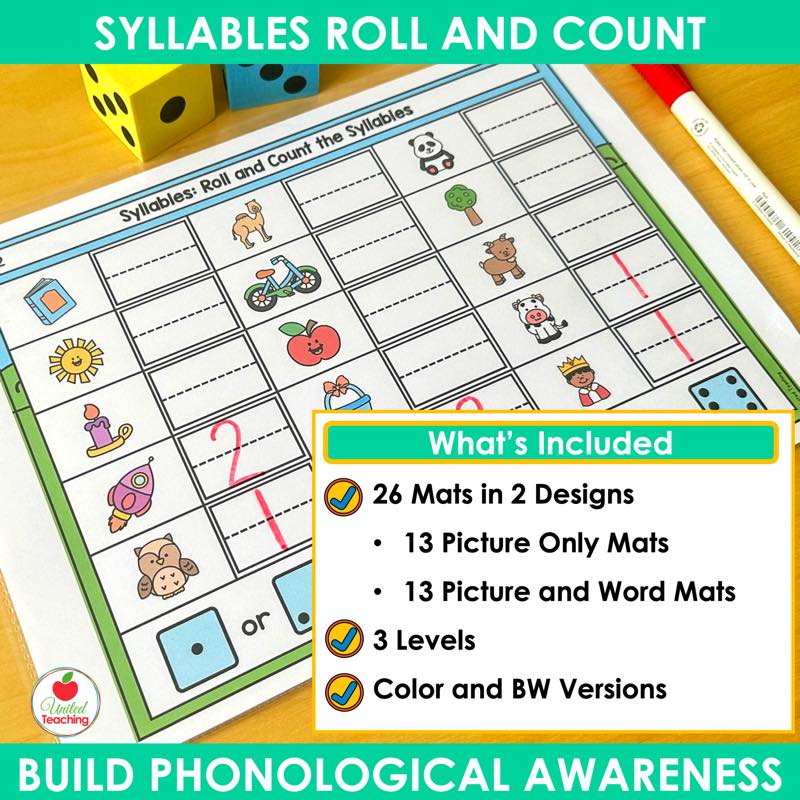 What is included in the syllable Roll and Count mats: 26 mats in 2 designs, 3 levels, color and black and white