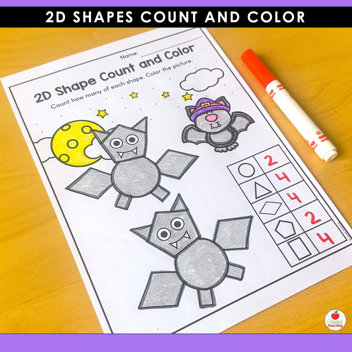 Halloween bats 2D shapes count and color worksheet with shape totals and a marker