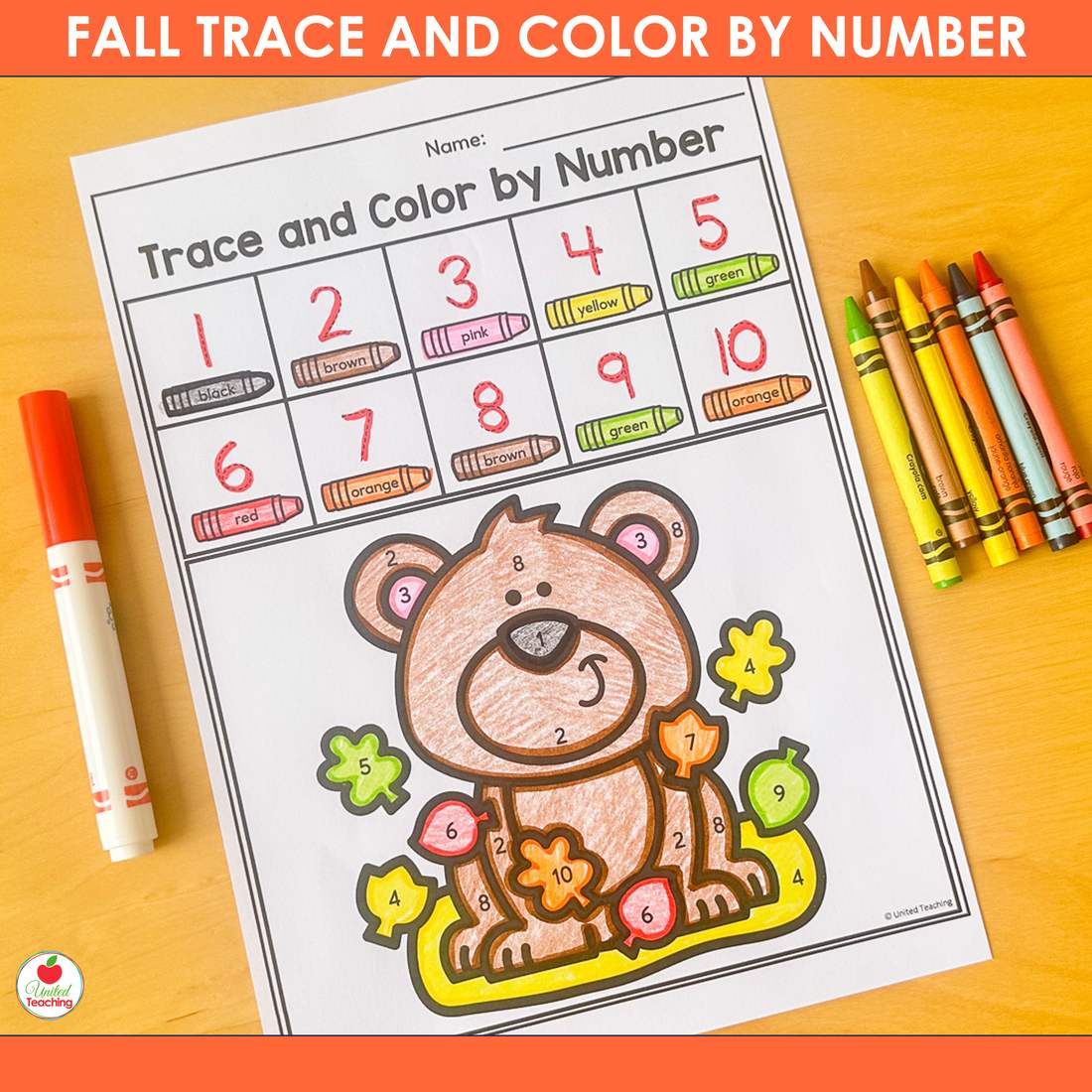Colored bear with fall leaves trace and color by number worksheet for numbers 1-10