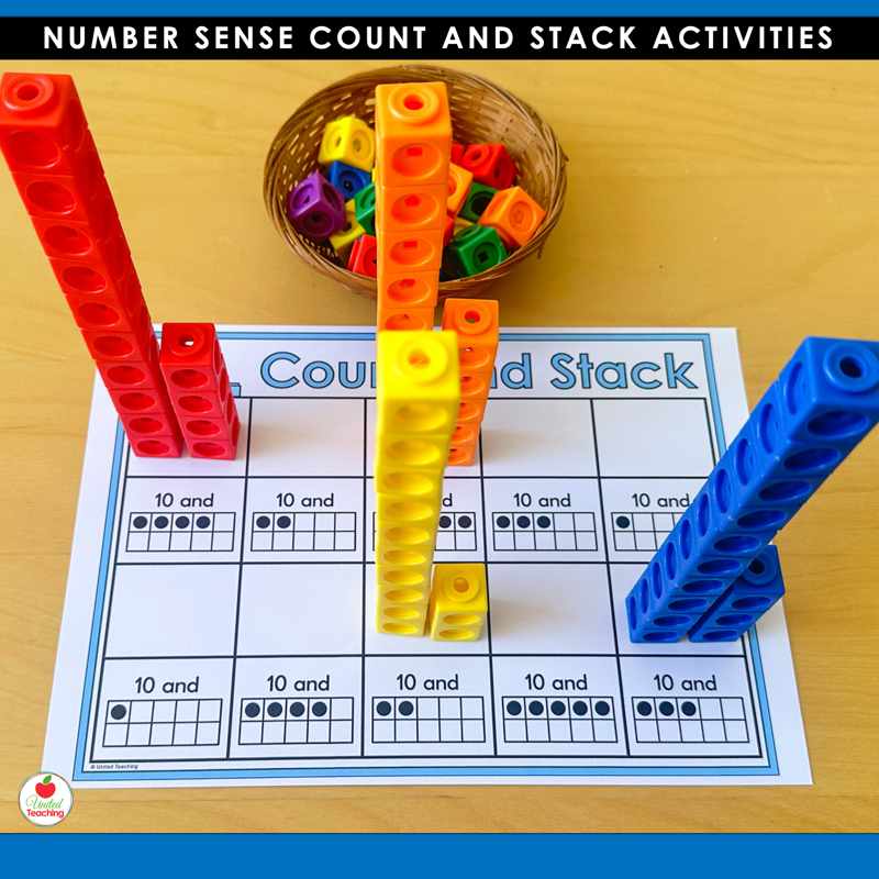 Count and Stack 10 and more ten frame mat for teen numbers with tall snap cube towers
