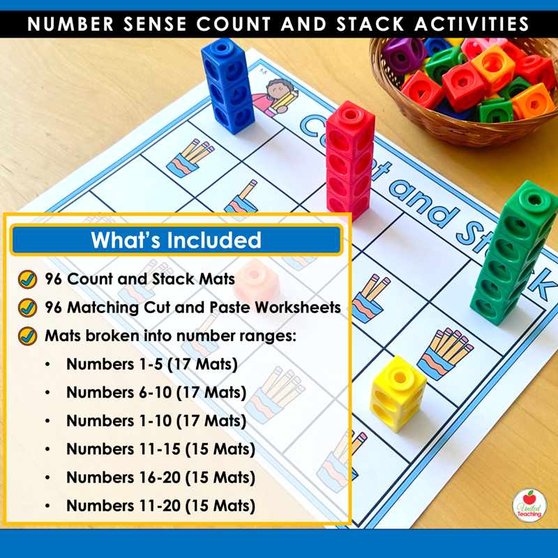 Count and Stack contents list showing 96 counting mats and 96 cut and paste worksheets in six number ranges