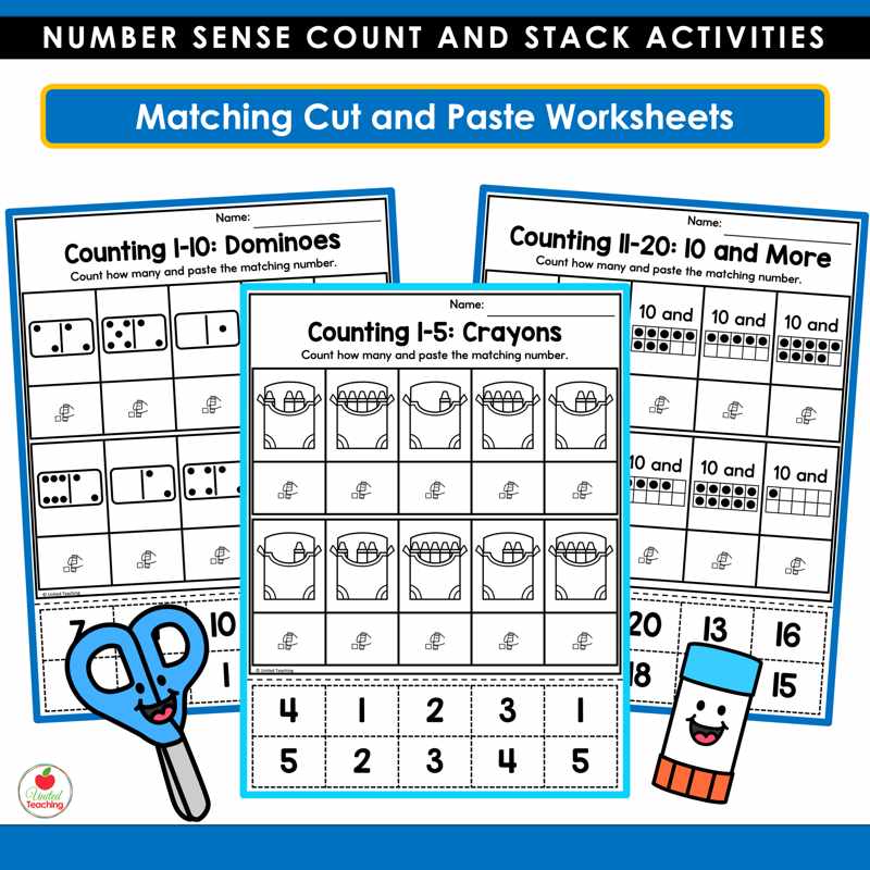 Count and Stack cut and paste worksheets for dominoes, crayons, and 10 and more