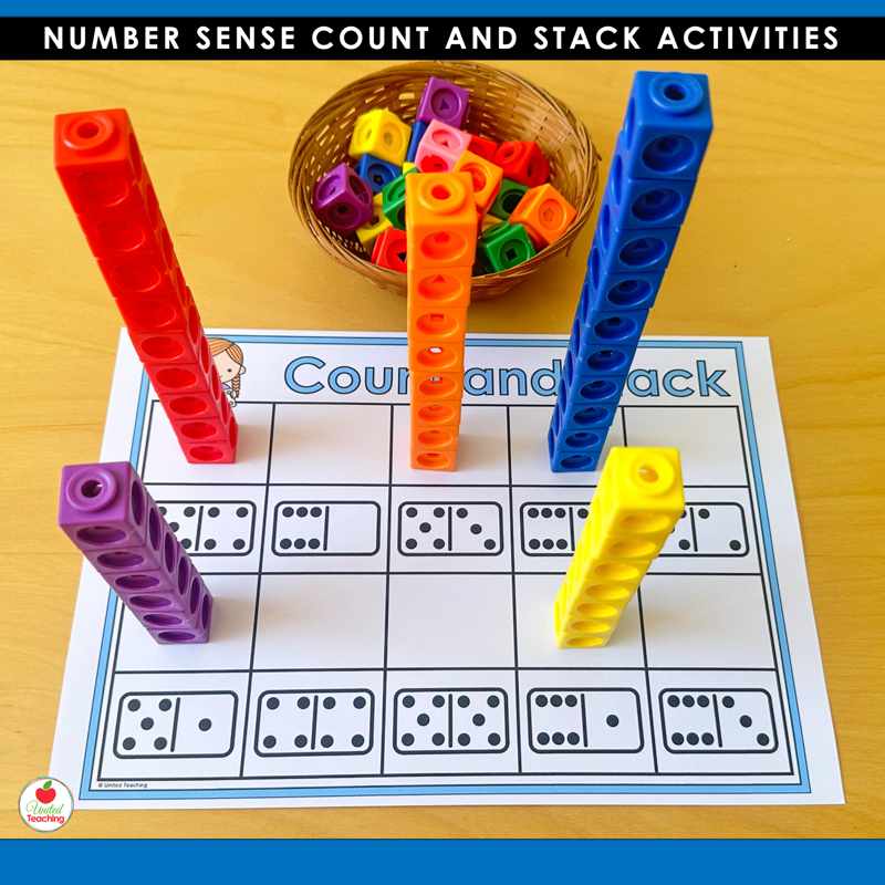 Count and Stack dominoes counting mat for numbers 11 to 20 with tall snap cube towers
