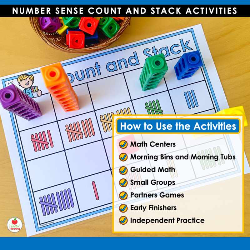 Count and Stack tally marks mat with cube towers and ways to use it in math centers and small groups