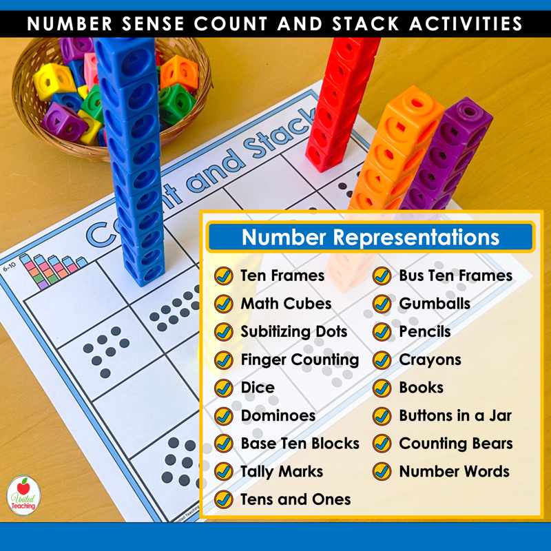 Count and Stack subitizing dots mat with cube towers and a list of the number representations included