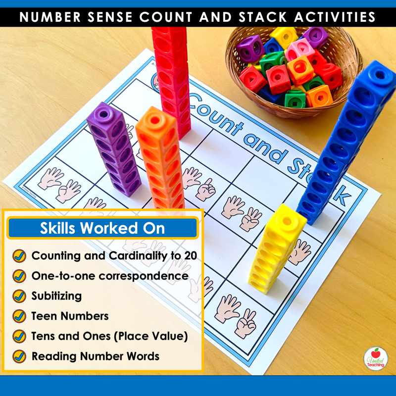Count and Stack finger counting mat with snap cube towers and a list of number sense skills worked on
