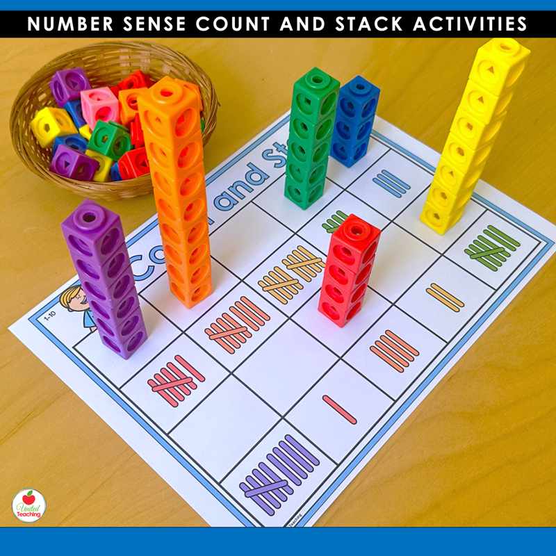 Count and Stack tally marks counting mat for numbers 1 to 10 with snap cube towers