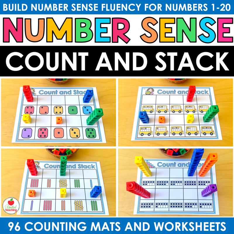 Number Sense Count and Stack counting mats cover showing dice, school bus, tally mark and ten frame mats with cube towers