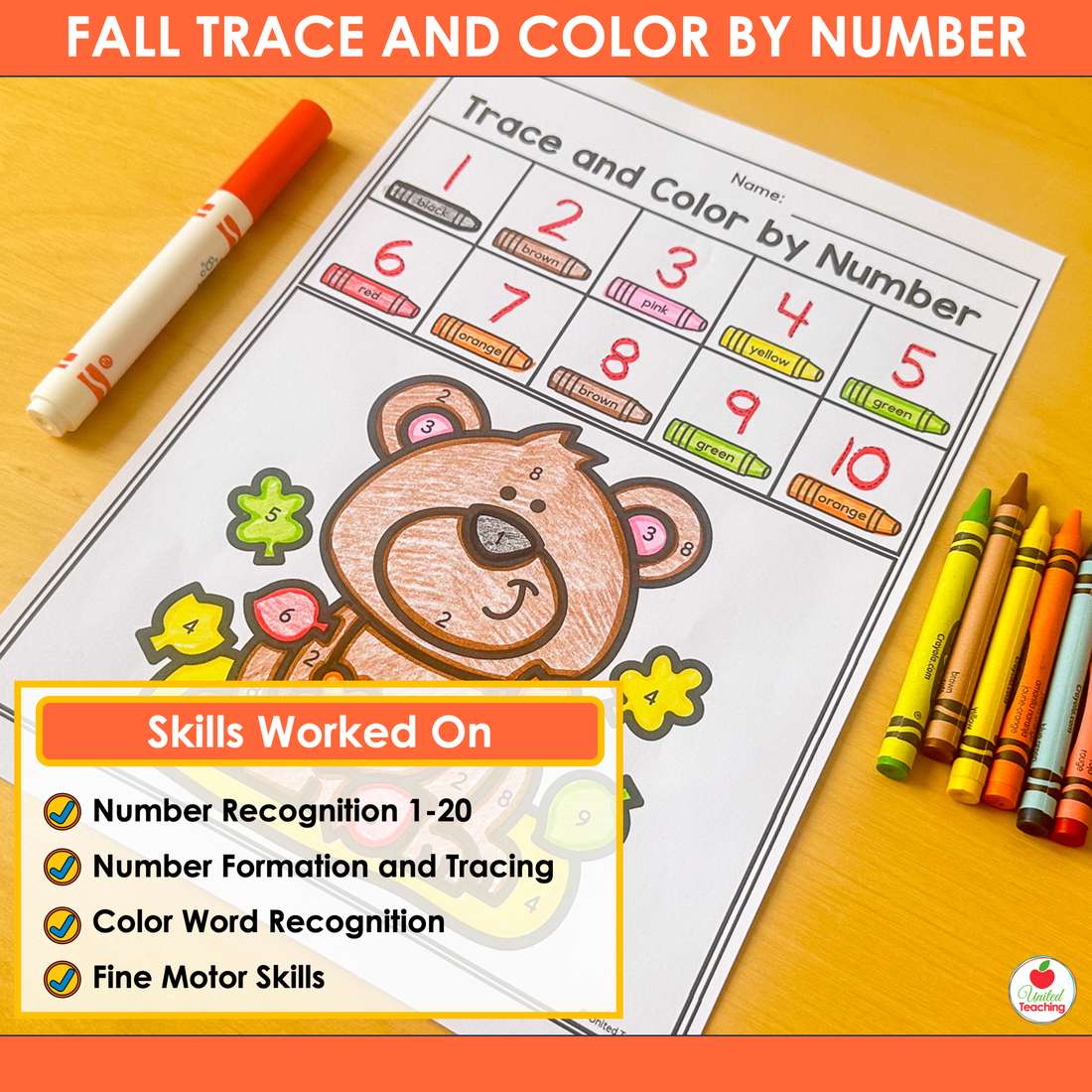 Bear trace and color by number worksheet for numbers 1-10 with the kindergarten skills it covers