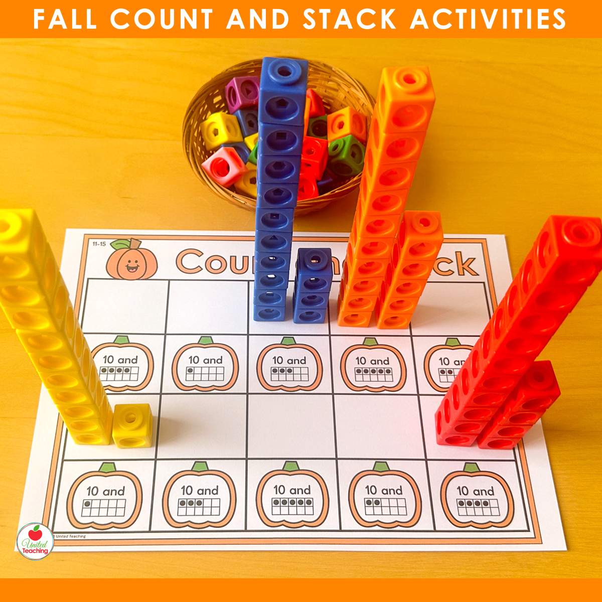 Pumpkin 10 and more ten frame mat for numbers 11 to 15 with tall snap cube towers