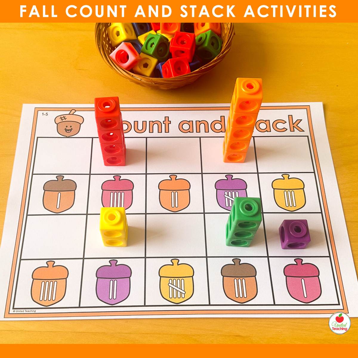 Acorn tally marks counting mat for numbers 1 to 5 with snap cube towers