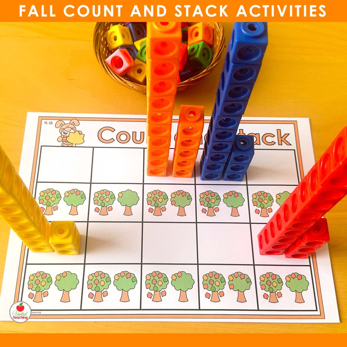 Apple tree counting mat for teen numbers with tall snap cube towers
