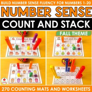 Fall Count and Stack counting mats cover showing apple, leaf, acorn, and pumpkin mats with snap cube towers