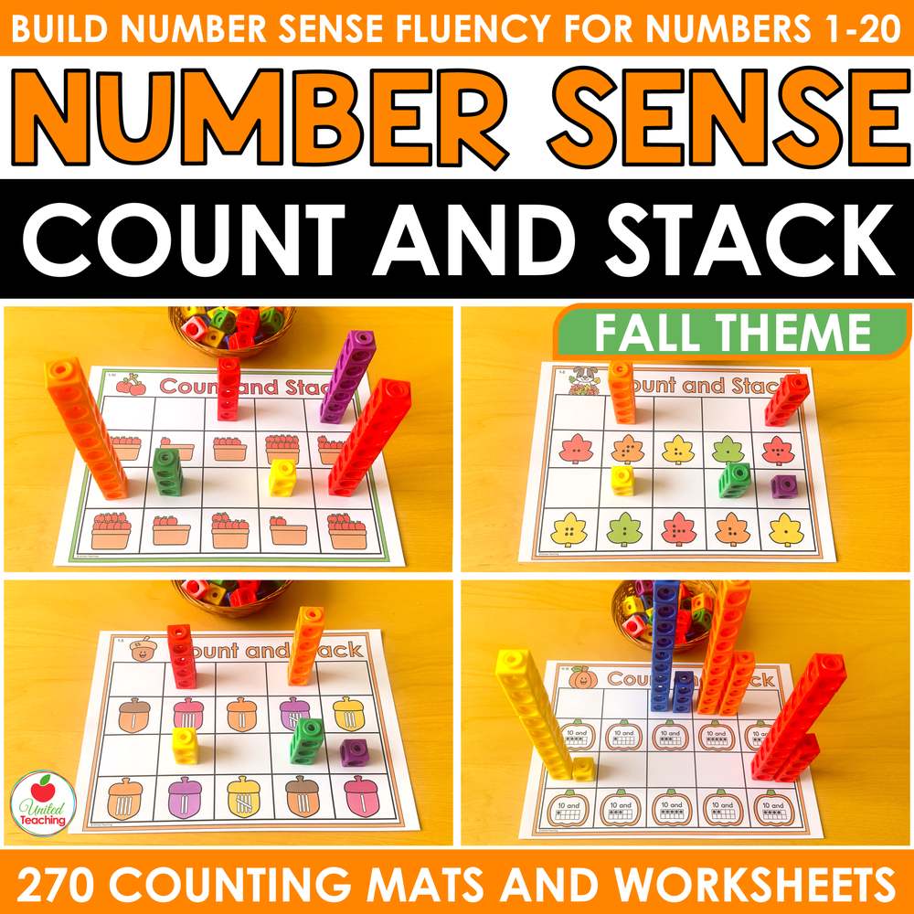 Fall Count and Stack counting mats cover showing apple, leaf, acorn, and pumpkin mats with snap cube towers