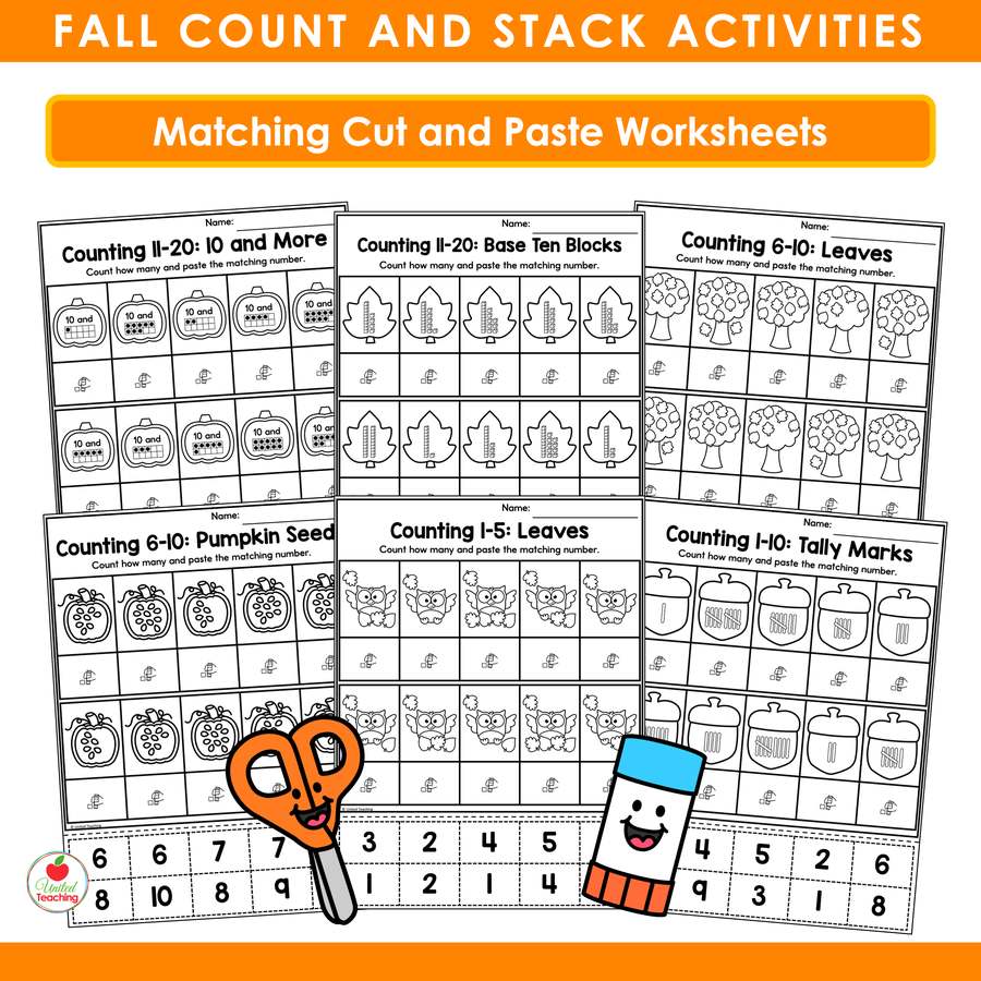 Fall Count and Stack cut and paste worksheets for 10 and more, base ten blocks, leaves, pumpkin seeds, and tally marks