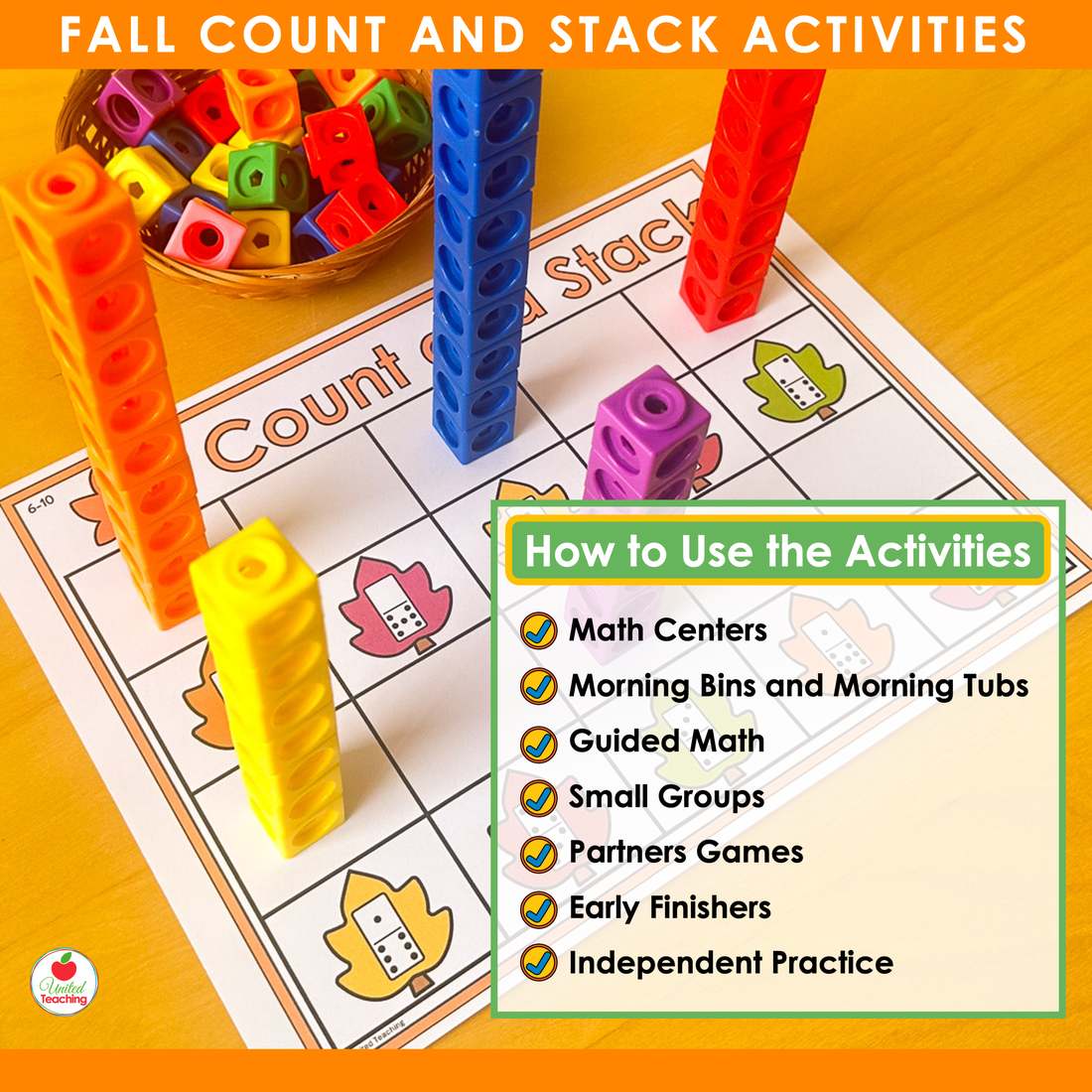 Fall Count and Stack leaf dominoes mat with cube towers and ways to use it in math centers and small groups