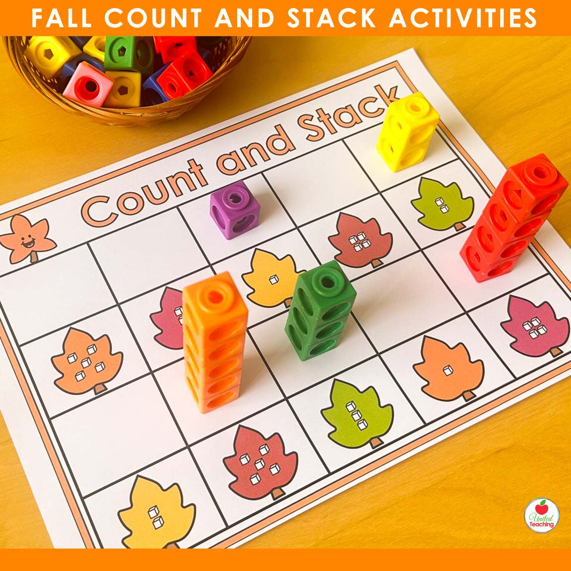 Fall leaf subitizing dots counting mat with snap cube towers
