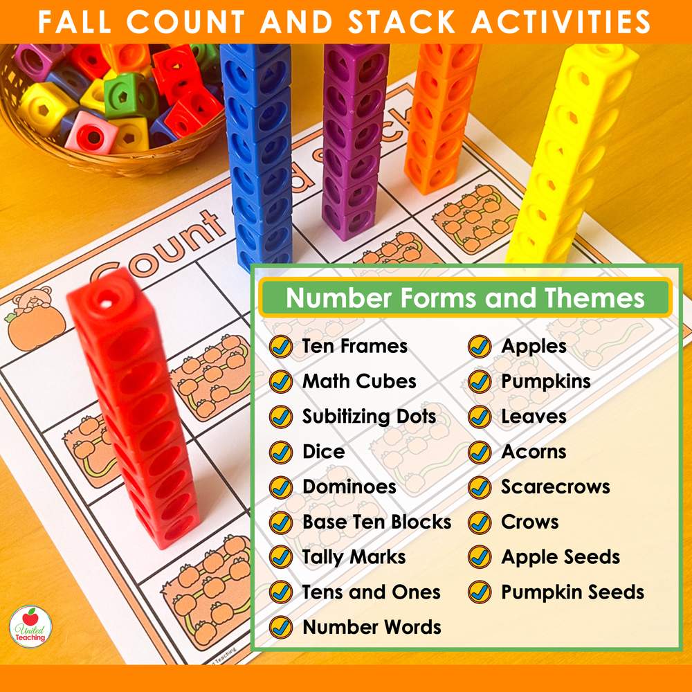 Fall Count and Stack pumpkin patch mat with cube towers and a list of the number forms and fall themes
