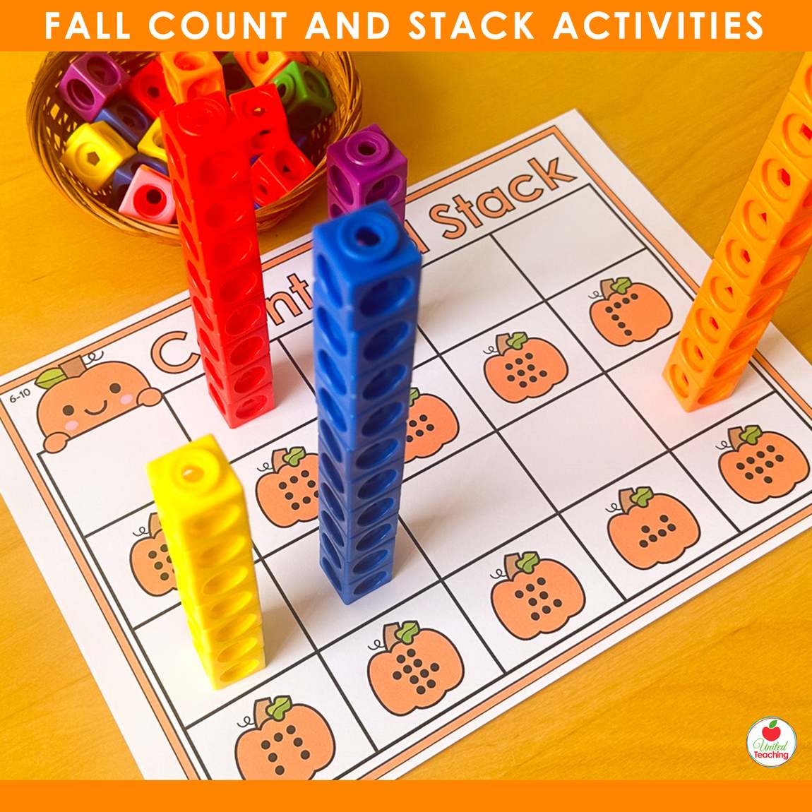Pumpkin subitizing dots counting mat with snap cube towers