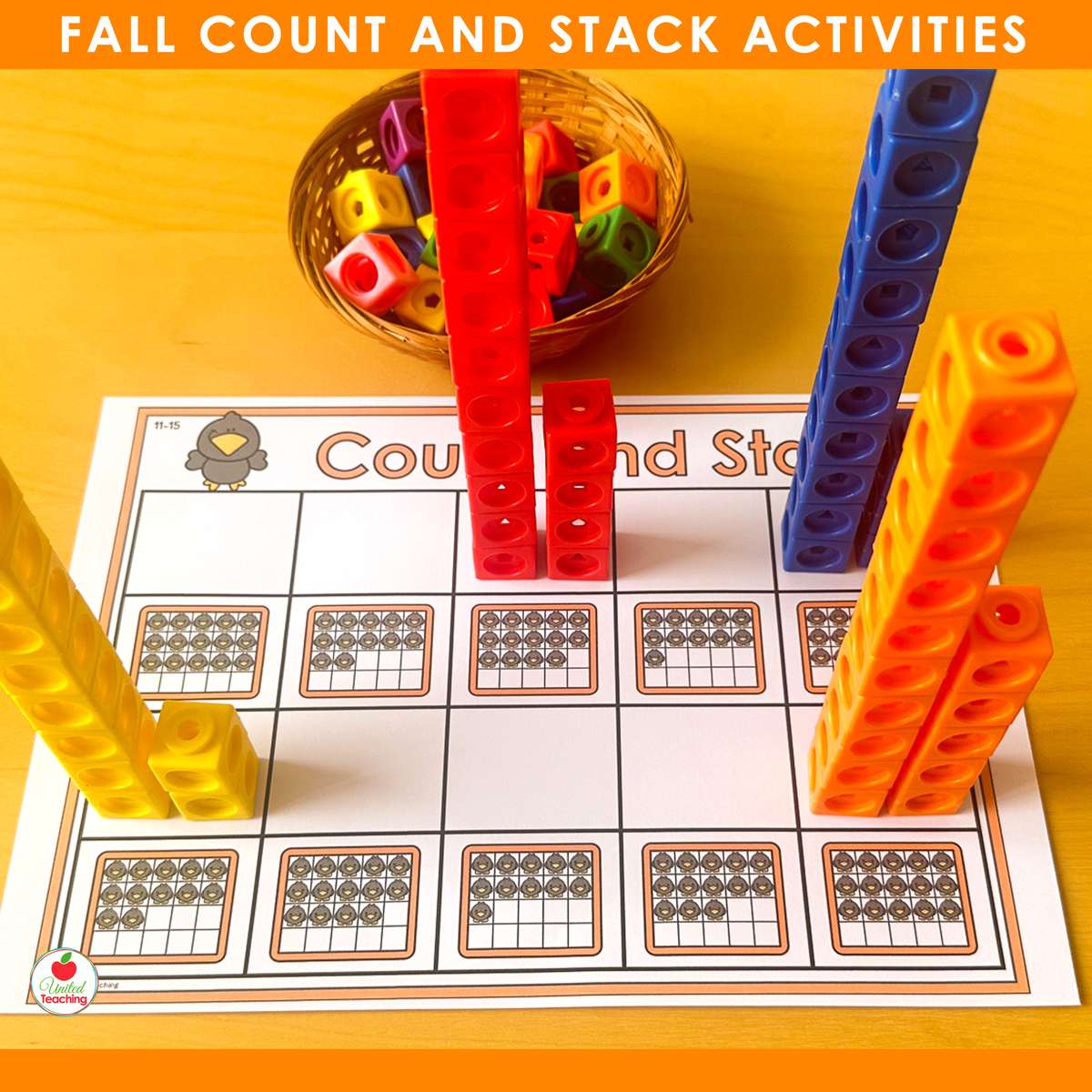 Scarecrow crow twenty frame counting mat for numbers 11 to 15 with tall snap cube towers