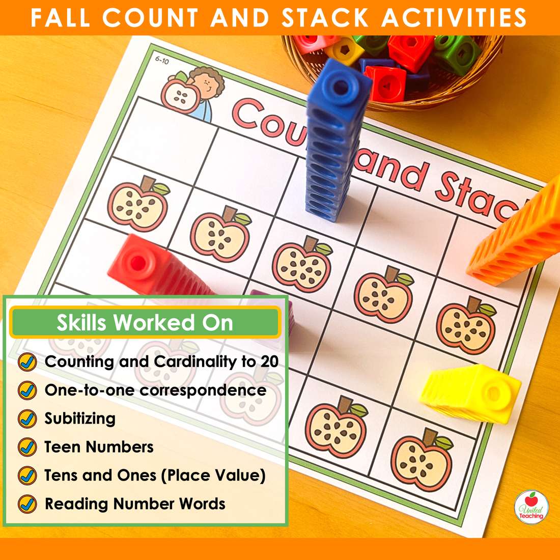 Fall Count and Stack apple seeds mat with snap cube towers and a list of number sense skills worked on