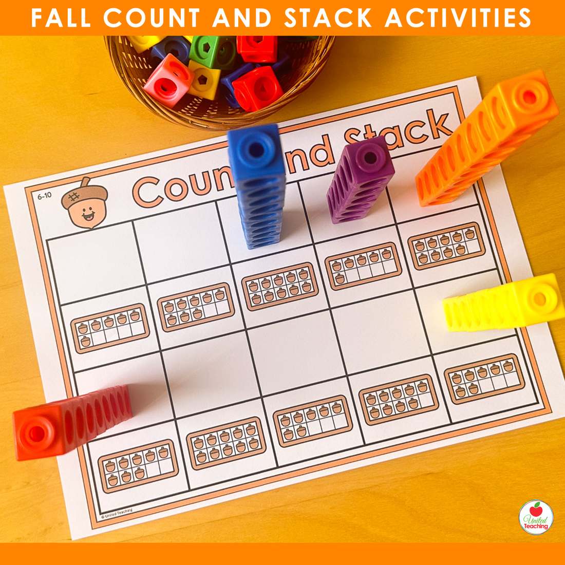 Fall squirrel acorn ten frame counting mat with snap cube towers