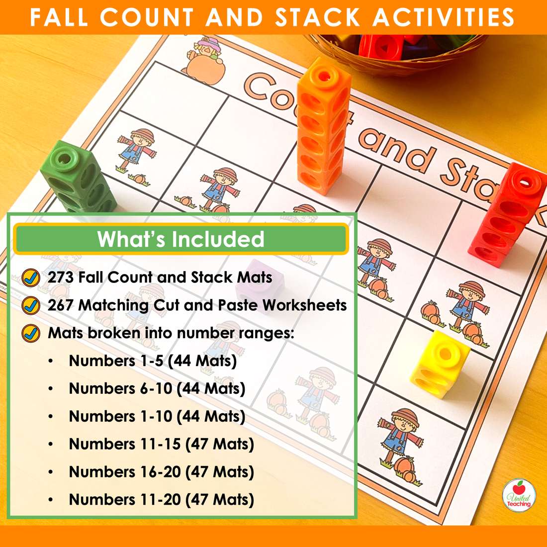 Fall Count and Stack contents list showing 273 counting mats and 267 cut and paste worksheets in six number ranges