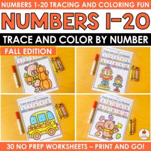 Fall Trace and Color by Number 1-20 worksheets with colored bear, scarecrow, school bus, and squirrel pages
