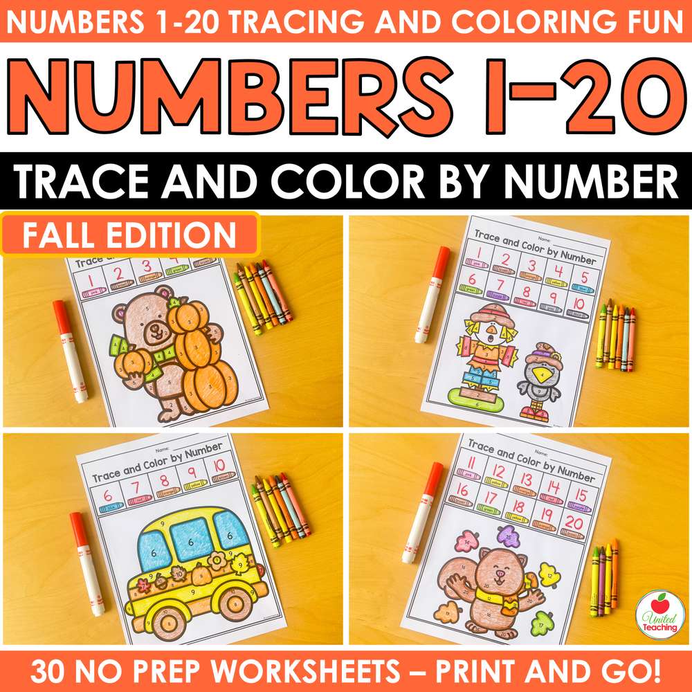 Fall Trace and Color by Number 1-20 worksheets with colored bear, scarecrow, school bus, and squirrel pages