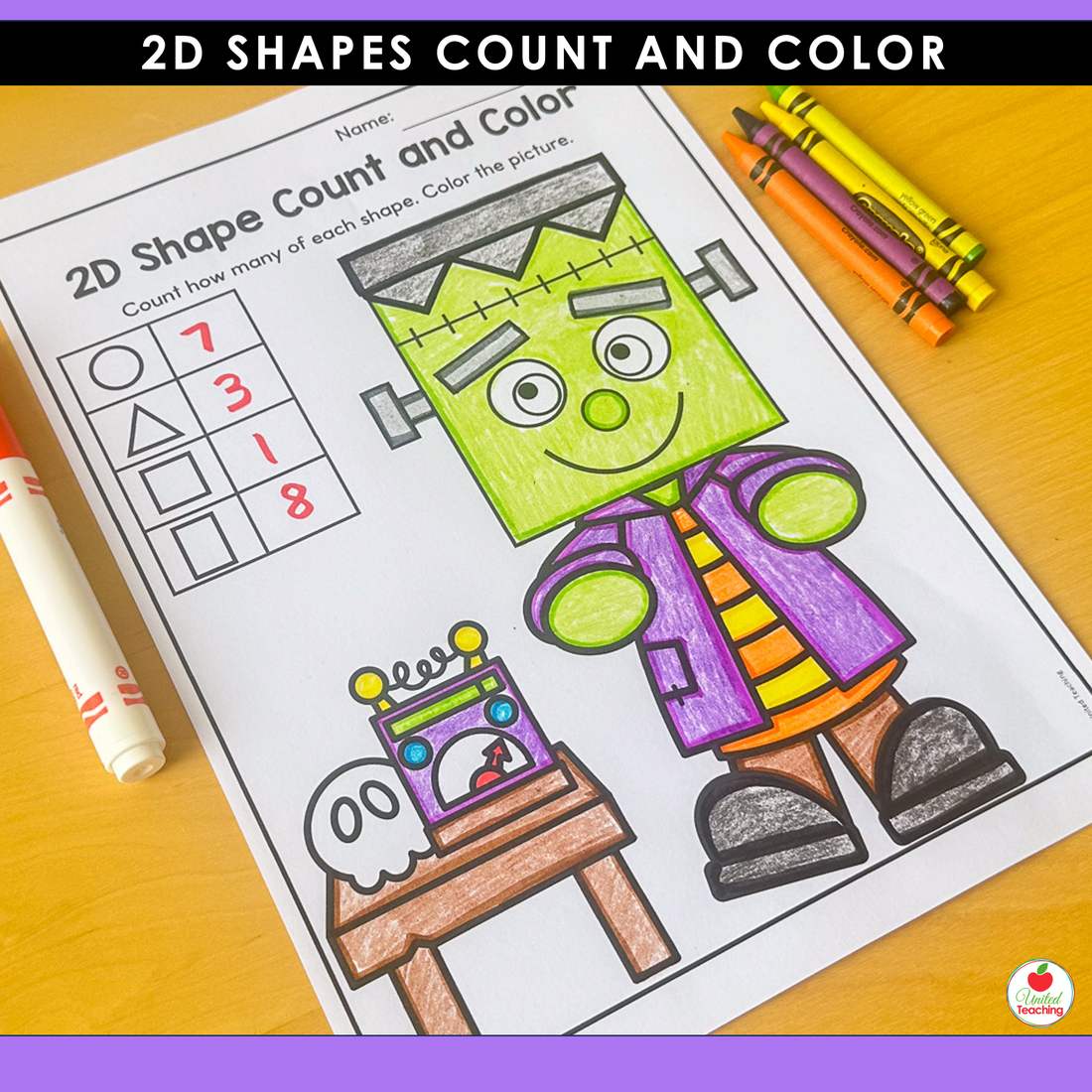 Frankenstein 2D shapes count and color worksheet colored green with a lab table and totals