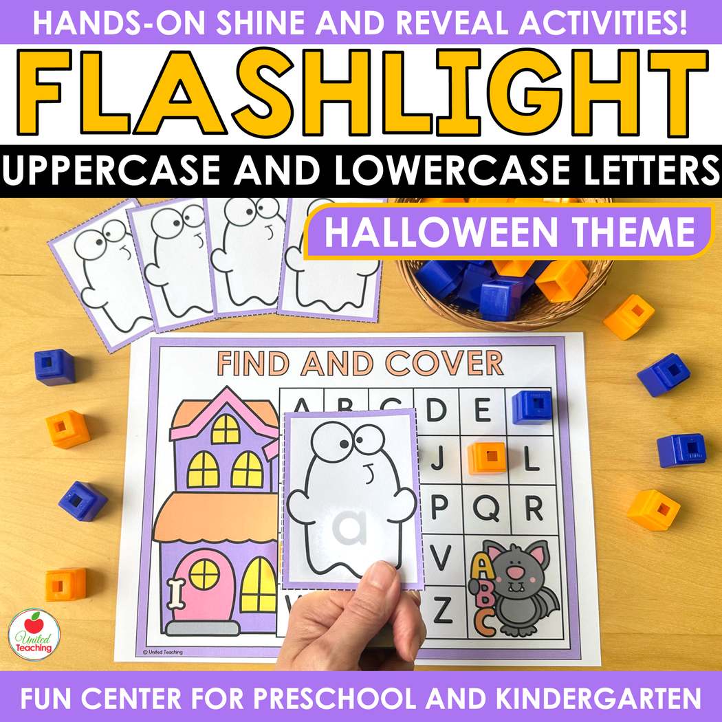 Halloween Alphabet Flashlight activity with a ghost card lit to show a lowercase a over a letter mat