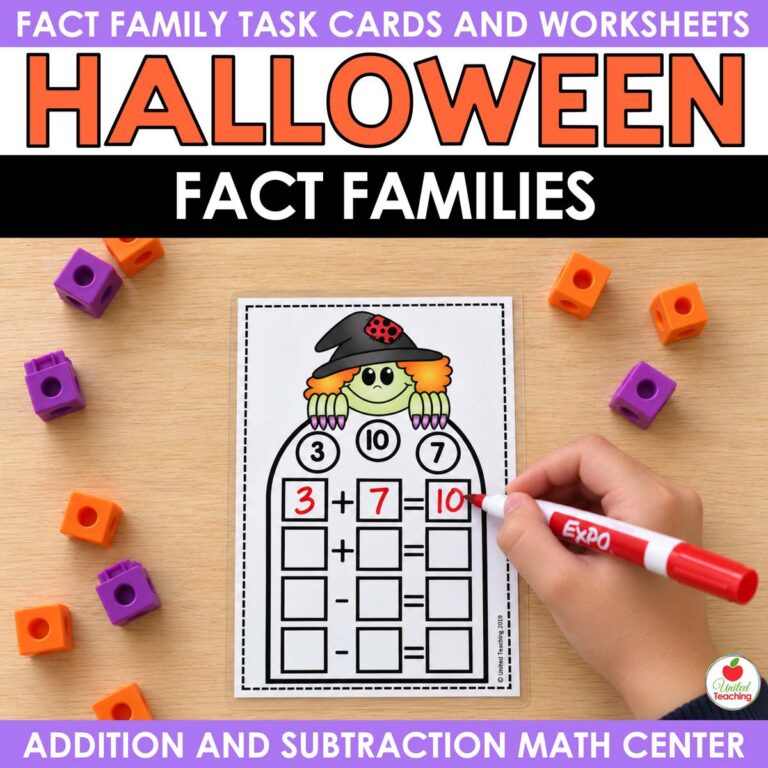 Free Halloween fact family task card with a witch, a student writing 3 + 7 = 10 with a dry erase marker, surrounded by orange and purple math cubes
