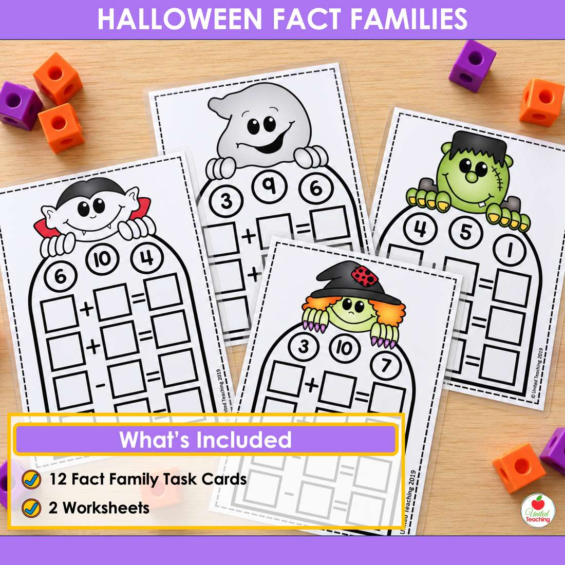 Halloween fact family task cards with a vampire, ghost, monster and witch, showing three numbers and spaces for two addition and two subtraction facts