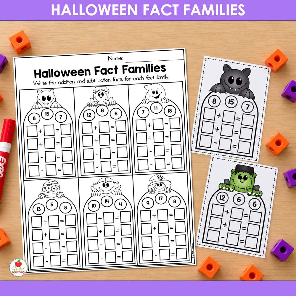 Halloween fact families worksheet for facts to 20 with matching bat and monster task cards and a dry erase marker