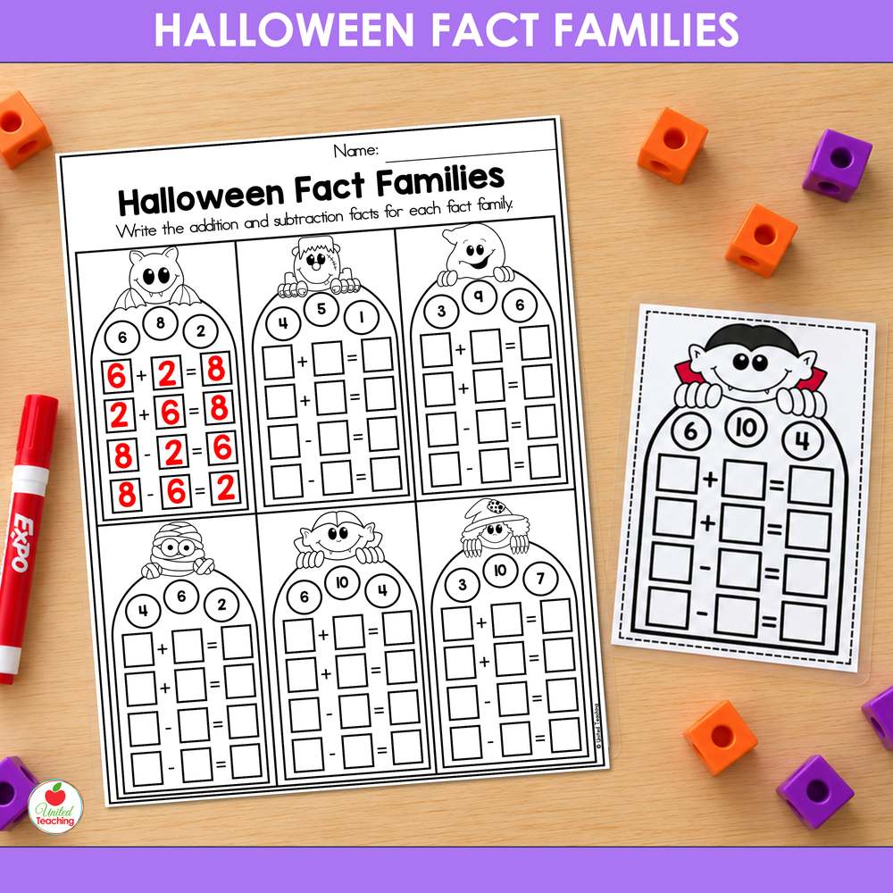 Halloween fact families worksheet with the first fact family completed in red, beside a vampire task card and math cubes