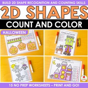 Halloween 2D Shapes Count and Color Worksheets with colored pumpkin, Frankenstein, bat, and haunted house pages