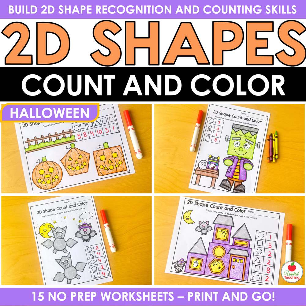 Halloween 2D Shapes Count and Color Worksheets with colored pumpkin, Frankenstein, bat, and haunted house pages
