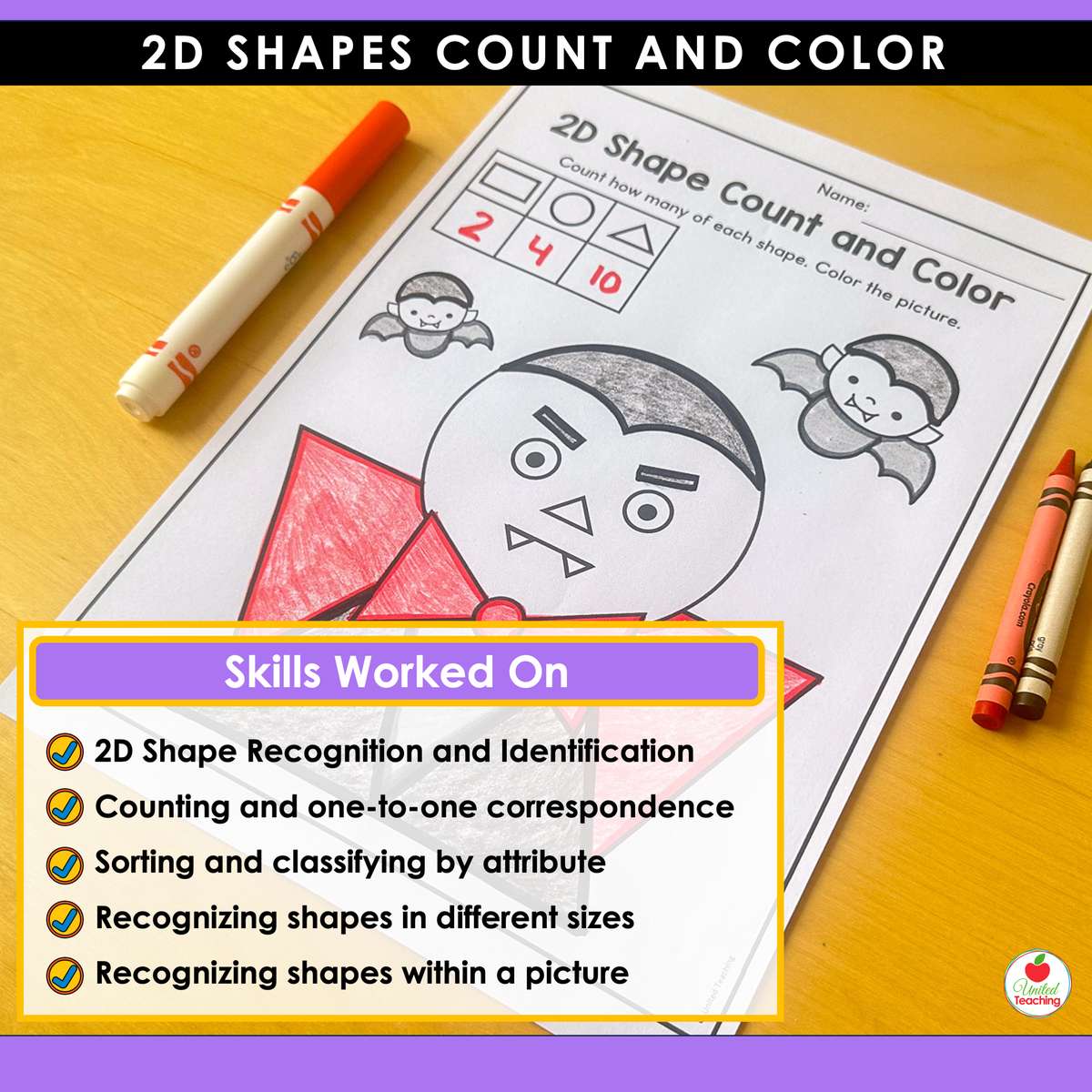 Dracula 2D shapes count and color worksheet with the kindergarten shape skills it covers