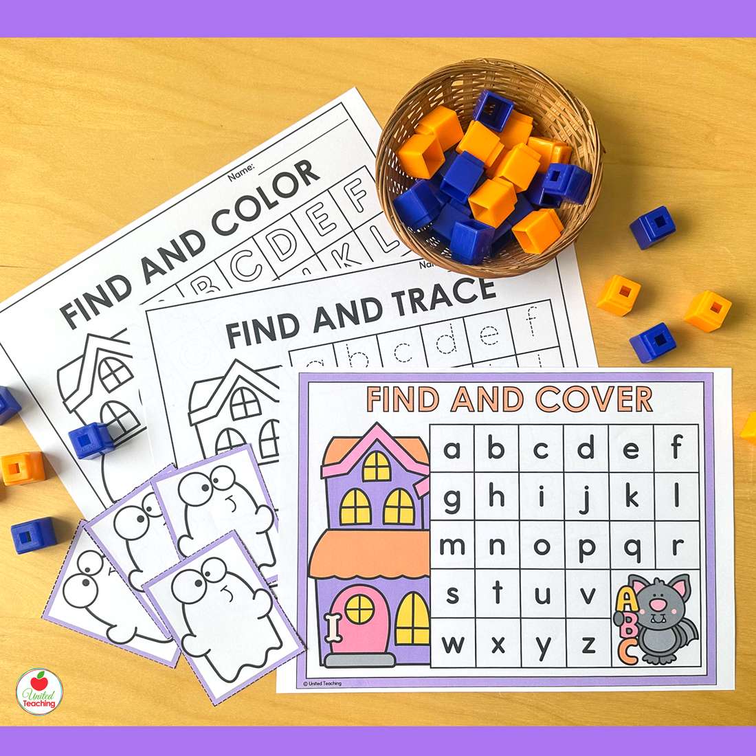 Halloween Alphabet Flashlight lowercase Find and Cover mat with ghost cards and black and white worksheets
