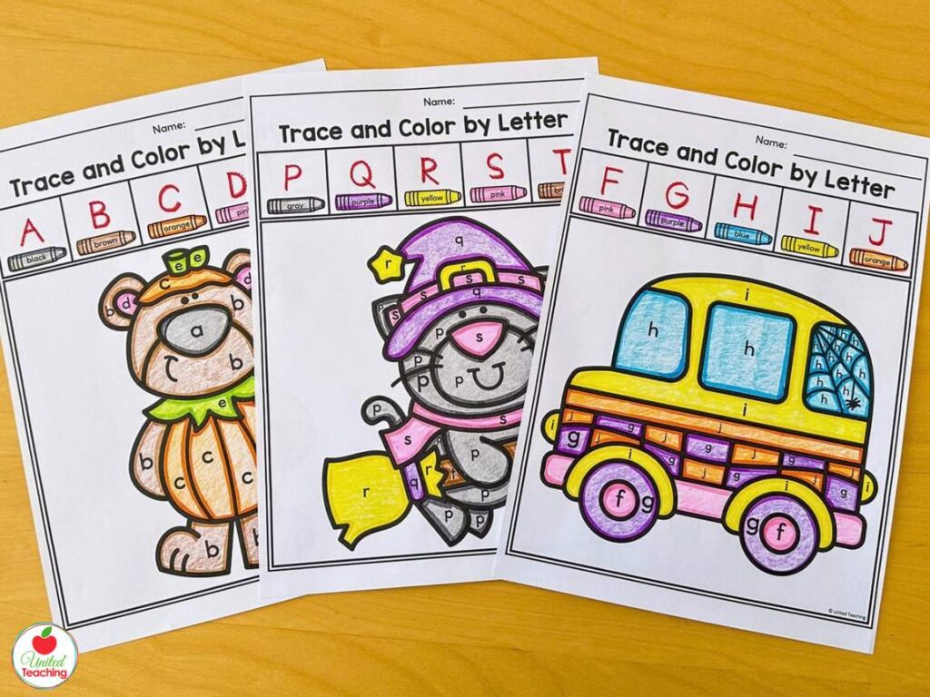 Three Halloween trace and color by letter worksheets for kindergarten letter recognition practice