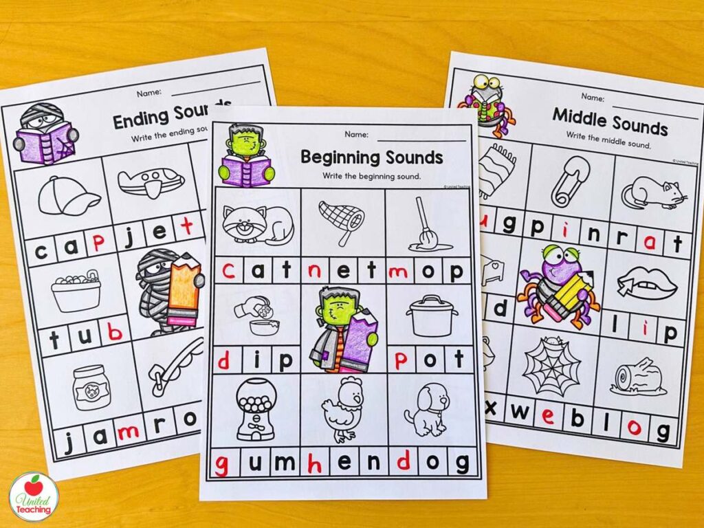 Halloween beginning, middle, and ending sounds worksheets for kindergarten